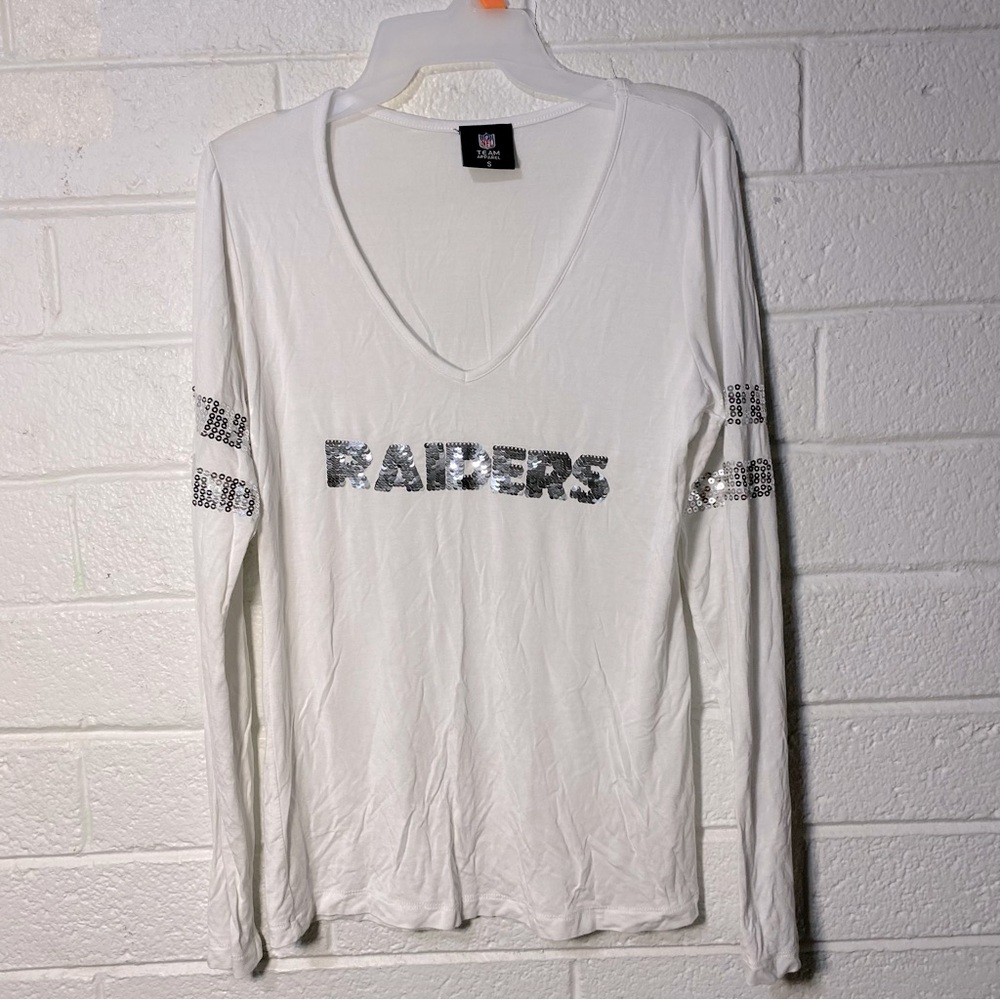 NFL Team Apparel Raiders Sequin Silver White Long Sleeve Logo Las Vegas Stretchy